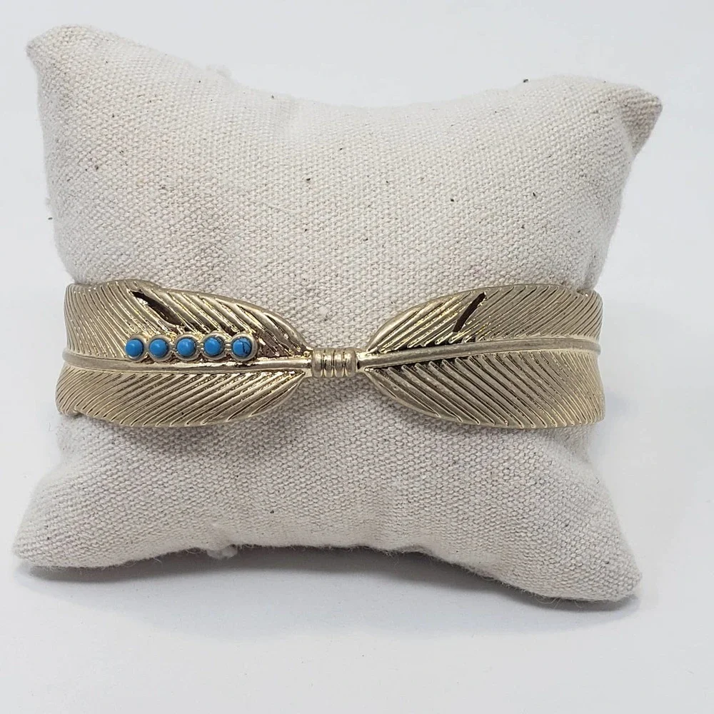 Feather Blue Faux Stone Gold Tone Metal Cuff Bracelet Boho Southwestern Tribal